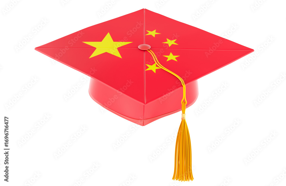 Poster graduation cap with chinese flag. education in china or learn chinese language, concept. 3d renderin