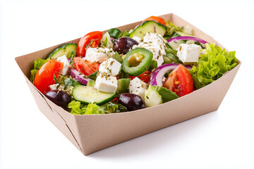 A fresh Greek-style salad with cherry tomatoes, cucumbers, red onions, dill, and feta cheese in a takeout bowl. Isolated on white background, highlighting the vibrant vegetables and creamy cheese.
