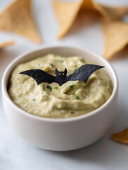 Festive Dip: Creamy dip with a bat decoration, served with tortilla chips. Perfect for a themed gathering or Halloween party!
