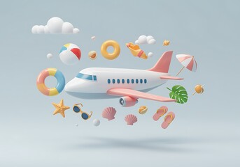 Travel and Summer Vacation Concept with Airplane Beach Elements Floating in the Air for Holiday and Relaxation