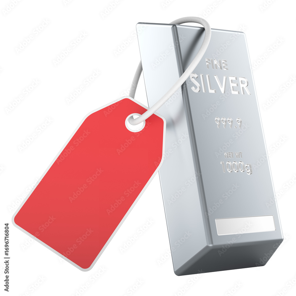Poster silver bullion bar with red tag. 3d rendering