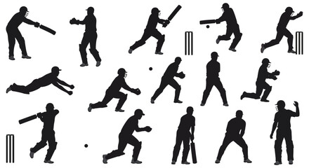various cricket actions captured in motion silhouette