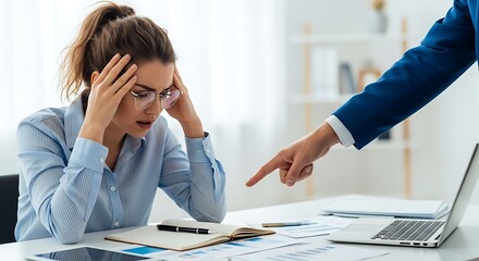 Stressed businesswoman being reprimanded by her boss in a modern office