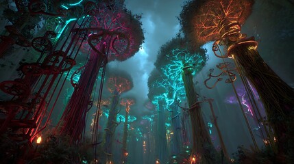 Obraz premium Enchanting bioluminescent forest with surreal glowing trees