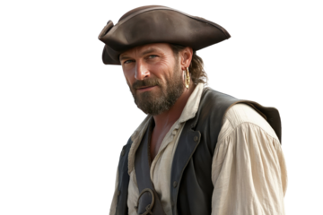 A high quality photograph of a single pirate isolated on a transparant or white background