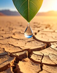 Crystal clear drop of water falling from a leaf, about to hit a cracked desert ground