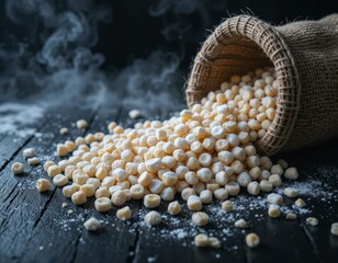 Freshly harvested pasta spills from burlap sack onto dark rustic wood, evoking artisanal tradition