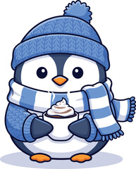 Fototapeta premium Cute penguin wearing a blue hat and scarf holding a warm drink