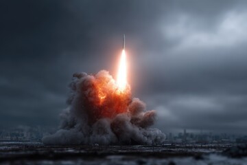 Nuclear missile launches from underground facility during overcast conditions