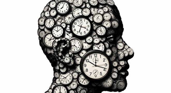 Human head silhouette filled with clocks showing different times on a white background art