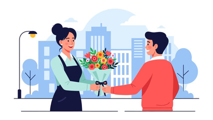 A Floral Exchange: A person joyfully accepts a bouquet of vibrant flowers from another, set against a scenic urban backdrop, this illustration encapsulates the warmth of sharing and connection.