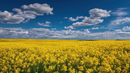Obraz premium Vibrant Yellow Canola Field Under a Blue Sky with Clouds.