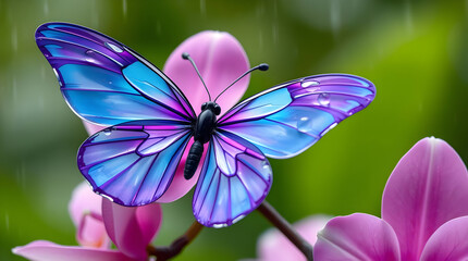 Hyperrealistic Glass Butterfly: Translucent Blue and Purple Wings with Rain Droplets in a Dreamy Garden (8K Macro Shot)