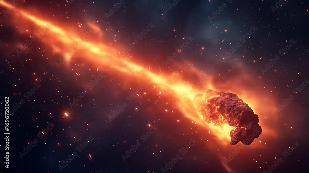 Poster flaming meteor in space.