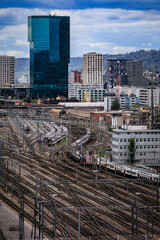Tracks leading to the main train station Hauptbahnhof in Zurich, aerial view