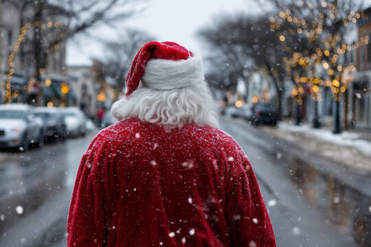 A man dressed as Santa walks down a snowy street