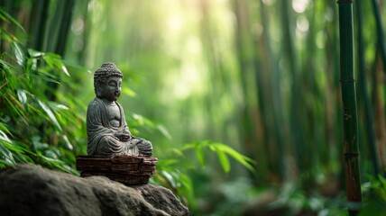 Serene buddha statue amidst lush bamboo grove. Artificial intelligence image