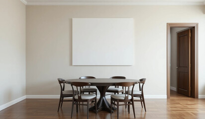 Minimalist dining room with wooden table and chairs, blank canvas on beige wall, and open doorway clean, modern space ideal for interior design or lifestyle themes.