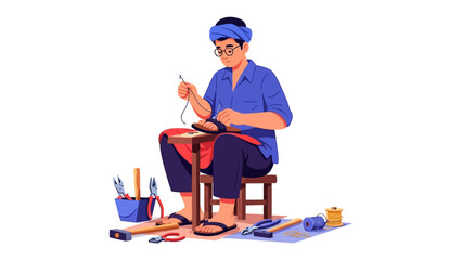 Artisan Crafting in Tradition: An artisan, focused on his craft, sits diligently. Surrounded by his tools, meticulously shaping and repairing the sandal, symbolizing skill and heritage. 