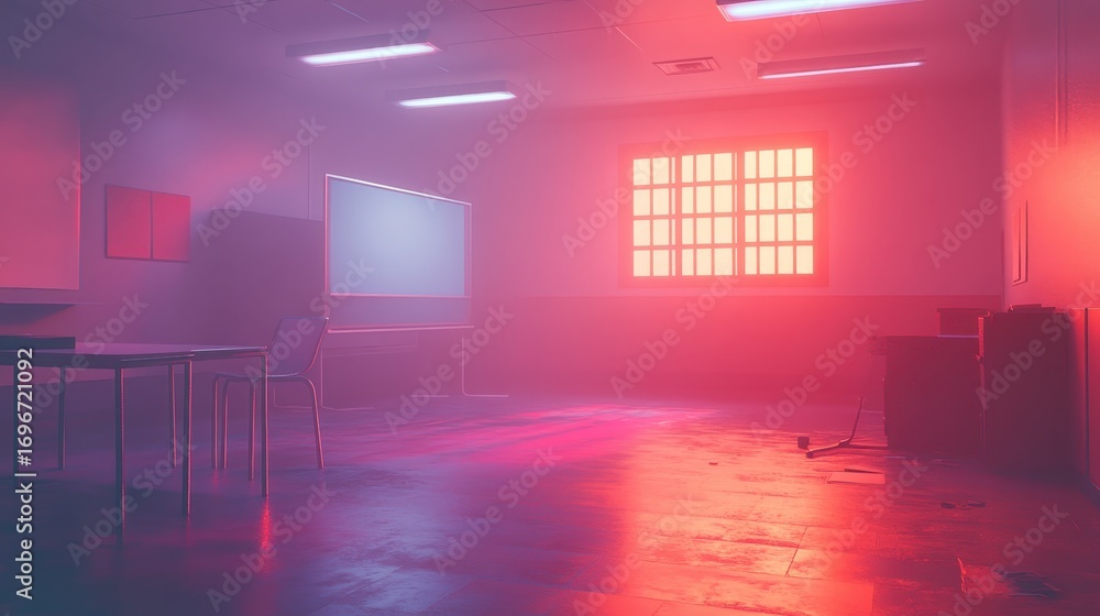 Poster empty dimly-lit classroom with colorful lights and surreal atmosphere