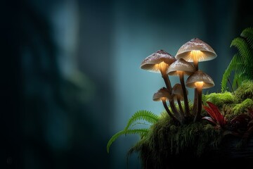 Fototapeta premium Glowing mushrooms shine in a tranquil forest setting during twilight hours