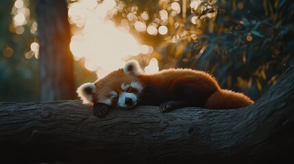 Sleepy red panda resting on a branch during sunset in nature