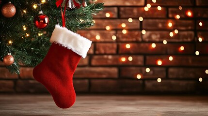 Christmas stocking hanging on tree with festive lights
