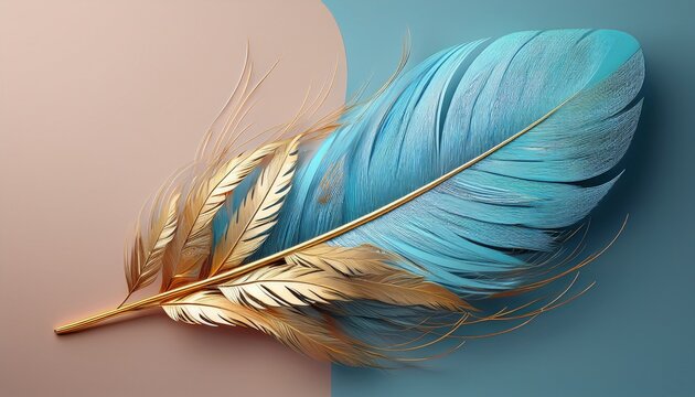 light blue feather with golden quill on pastel background minimalist design