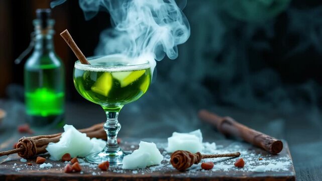 Enchanting Elixir: A mystical cocktail steams, showcasing a vibrant green hue, rimmed with a delicate cinnamon stick, creating an atmosphere of intrigue and fantasy.