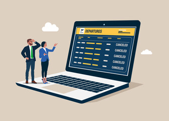 Fototapeta na wymiar Business people see at schedule board with information about canceled flights in international airport on screen laptop. Flat vector illustration
