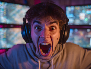 Young gamer with expressive reaction shouting in excitement, wearing headphones, illuminated by colorful screens, focused in gaming environment
