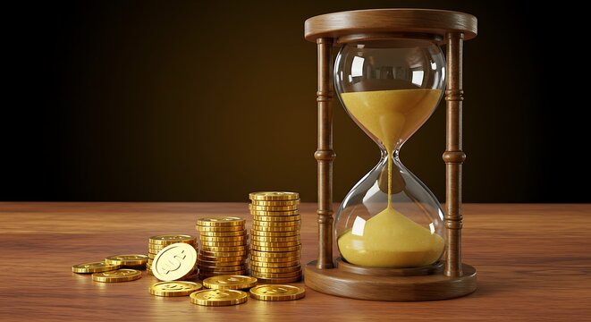Time is money concept with hourglass and gold coins on wood table - Powered by Adobe