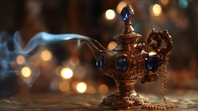 Ornate golden genie lamp with blue gems and wispy blue smoke against bokeh background