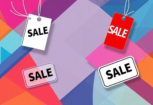 Abstract geometric vector background with overlapping clothing tag labels, sale banners, fashion apparel design elements, artwork, sale
