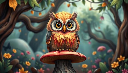 Fototapeta premium A fluffy, wide-eyed owl with vibrant plumage perched on a mushroom, painted whimsical forest background , whimsical art, generative ai