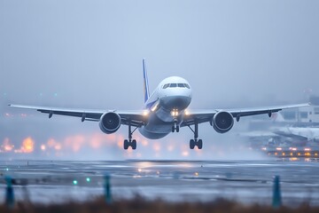 Rainy Landing: Passenger Plane Touching Down, Runway