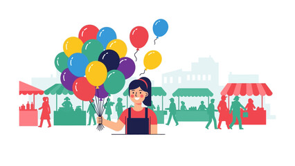 Cheerful Market Delight: A vibrant scene unfolds at an outdoor market, where a smiling vendor holds aloft a colorful bouquet of balloons, radiating joy and festivity among the bustling crowd.