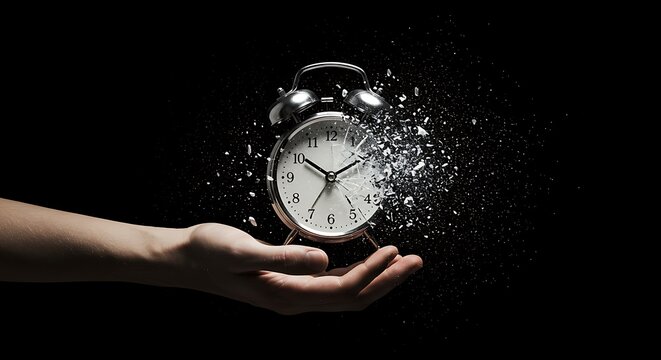 Time is running out concept Alarm clock exploding in hand