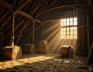 Sunbeams stream through rustic barn window illuminating hay bales and wooden beams creating a serene atmosphere