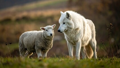 A wolf and lamb in a field
