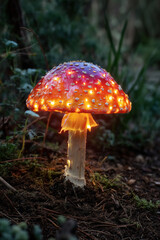 Glowing fly agaric fairy mushroom in the misty dark forest at night.