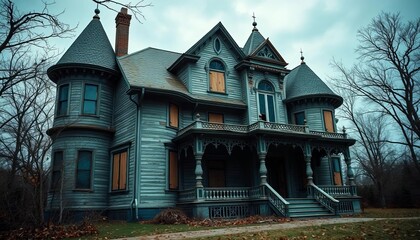 Derelict Victorian mansion, boarded windows, decaying porch, Halloween atmosphere,  haunted,  old