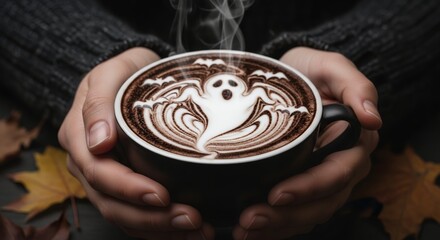 Human hands holding coffee cup with Halloween theme ghost and bats latte art design and steaming. Concept for seasonal beverage, festive celebration and artistic coffee promotion