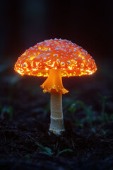 Tall glowing fly agaric fairy mushroom in the misty dark forest at night.