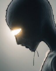 Symbolic Silhouette of a Human Head in Textured Mesh Fabric with Bright Light Emanating from Within, Representing Inner Thought, Consciousness, or Mental Health Concepts