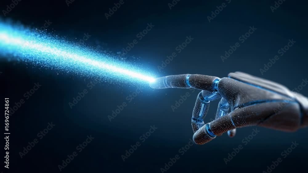 Poster advanced robotic hand pointing its index finger, emitting a growing stream of light particles agains