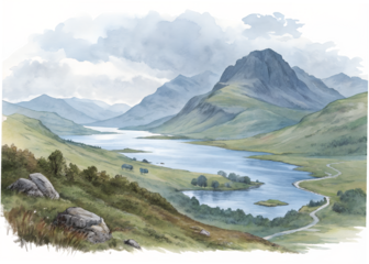 Watercolor painting of a scottish landscape with lake, mountains, and hills isolated on transparent background