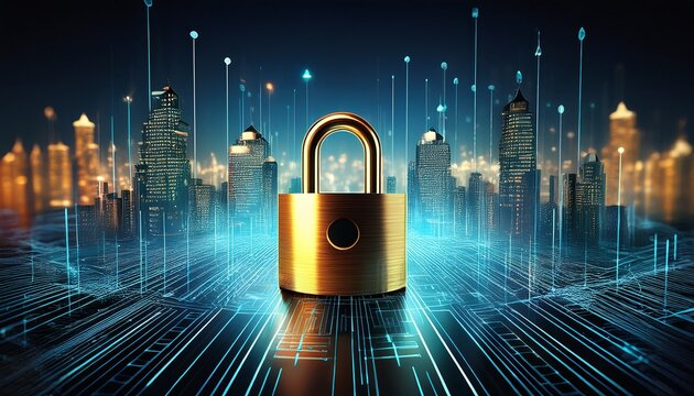 golden padlock securing digital cityscape represents technology security - Powered by Adobe