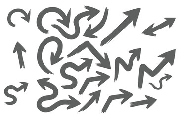 Various bold brush drawn curved arrows. Collection doodle marker thick arrows in different directions. Hand drawn vector direction pointers. Curved and wavy brush strokes with scratches.