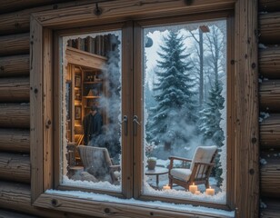 Cozy log cabin retreat invites warmth and relaxation amidst a serene winter wonderland scene